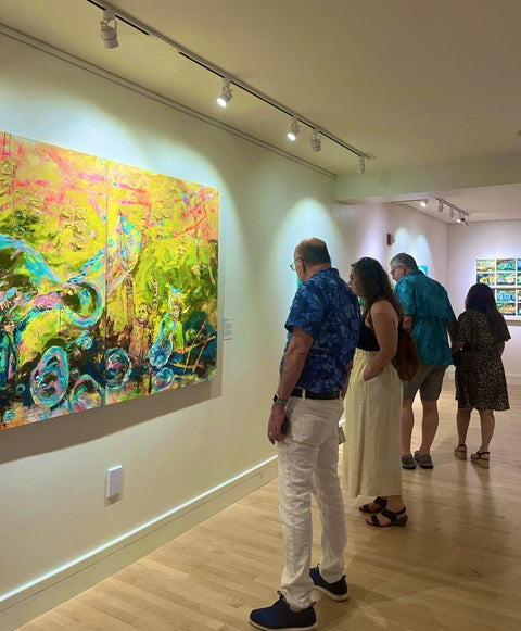 Large-scale oil painting with children playing among soap bubbles in luminous yellows and textured layers. Exhibited in Transitions, a juried show curated by Daniel Listwan and organized by the SOBRA Collective, reflecting on change and resilience.